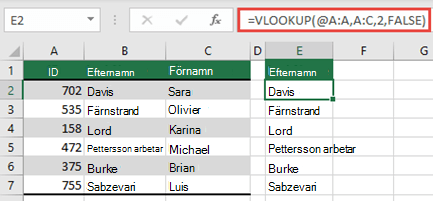 Använd operatören @ och kopiera nedåt: LETARAD(@A:A,A:C,2,FALSKT). Det här referensformatet fungerar i tabeller men returnerar inte en dynamisk matris.