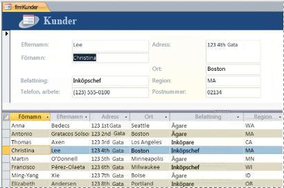 Ett delat formulär i en Access-databas
