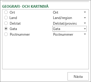 Geografi och kartnivå i åtgärdsfönstret