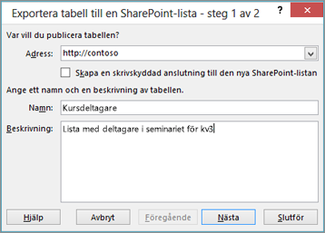 dialogruta för guiden exportera till sharepoint