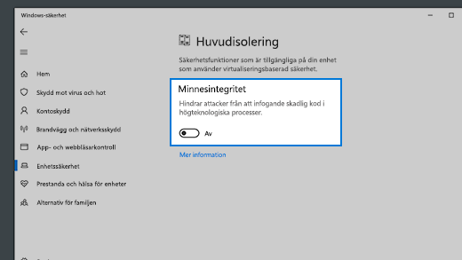 Information om minnes integritet under huvudisolering