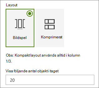 Val av layout i egenskapsfönstret för webbdelen Händelser.