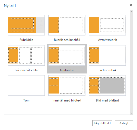 Det finns flera bildlayouter att välja bland i dialogrutan Ny bild i PowerPoint Online