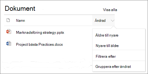 Dokumentbibliotekswebbdel som visar menyn Sortera, Filtrera och gruppera