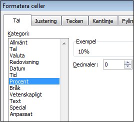 Kategorin Procent i dialogrutan Formatera celler