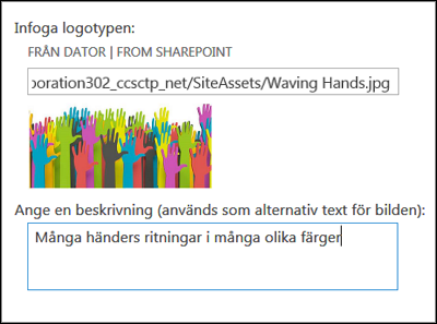 Dialogruta för titel och logotyp för ny webbplats i SharePoint Online som visar hur du skapar alternativ text för en logotypbild