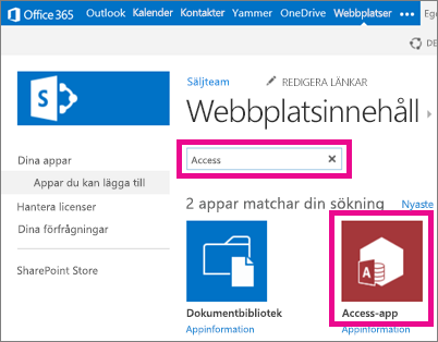 Söker efter ett Access-program från sidan Lägg till ett program i SharePoint