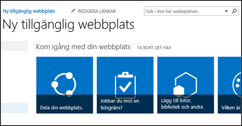 Skärmbild av ny SharePoint-webbplats med paneler som används för att anpassa webbplatsen