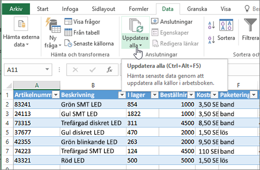 Excel-kalkylblad med importerad lista och knappen Uppdatera alla markerad.