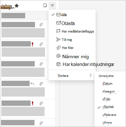 En skärmbild av menyn Filter med Sortera efter markerat