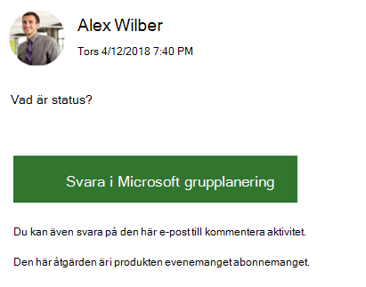 Skärmdump: Visar ett exempel på ett e-postmeddelande från en grupp.