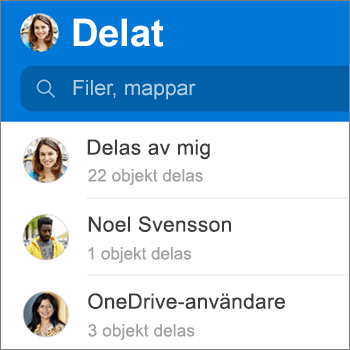 Vyn Delade filer i OneDrive-appen för Android