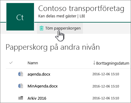 Papperskorgen på andra nivån i SharePoint Online med knappen Töm papperskorgen markerad