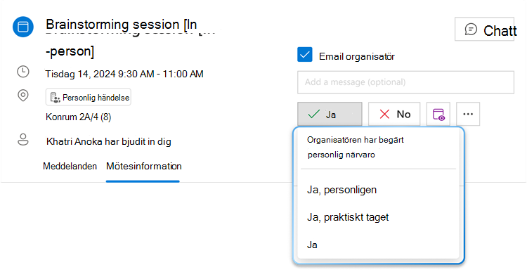 Bilden visar hybrid-RSVP-menyknappen för Ja med listrutan expanderad, där en kan se tre olika alternativ: "Ja, personligen", "Ja, virtuellt" och "Ja".