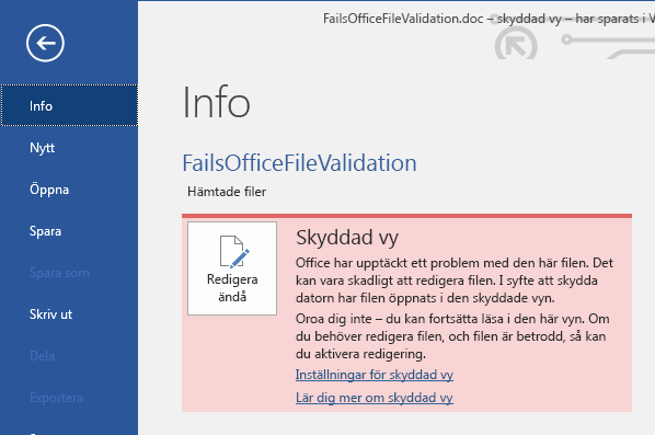 Office-filvalidering i Skyddad vy i Backstage-vyn