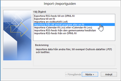 importerings-/exporteringsguiden – importera från ett annat program eller en annan fil