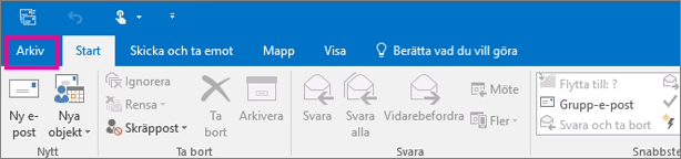 Så här ser menyfliksområdet ut i Outlook 2016.