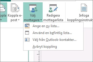 Alternativ för knappen Välj mottagare i Utskick