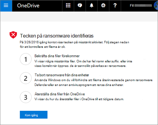 Skärmbild av skärmen Tecken på utpressningstrojaner som upptäckts på OneDrive-webbplatsen