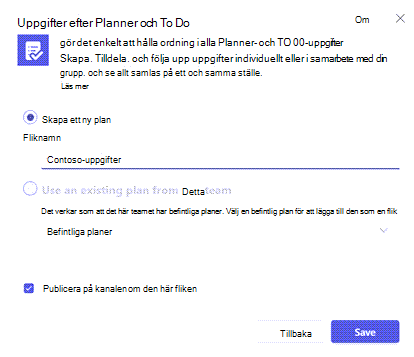 Dialogrutan du får när du går för att lägga till en Uppgift genom att Planner och Att göra-fliken i en Teams-kanal.