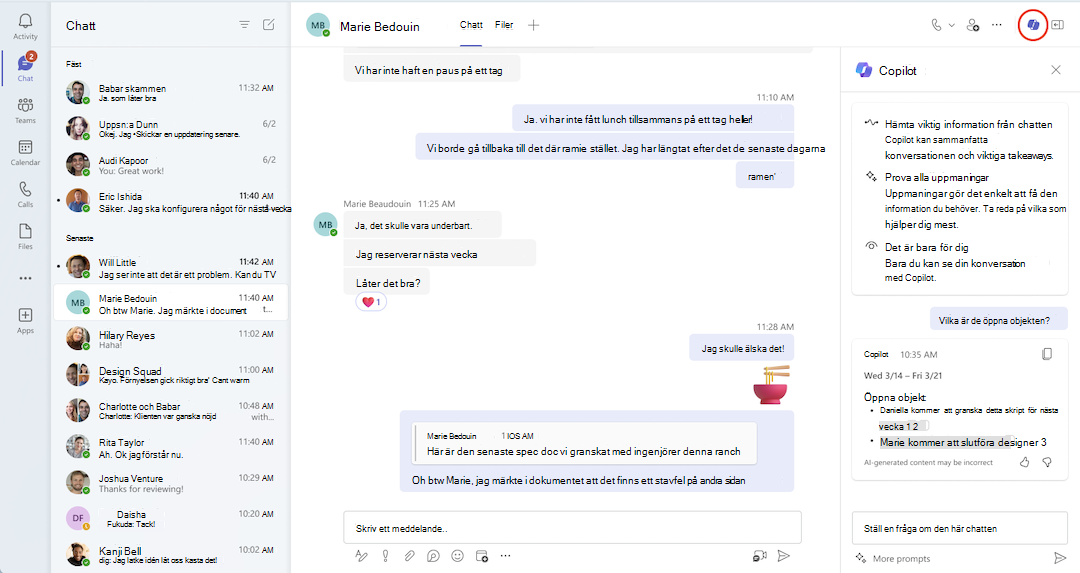 En vy över Copilot i en Teams-chatt