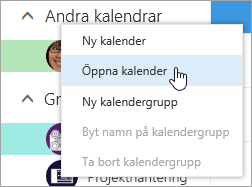 En skärmbild av snabbmenyn för Andra kalendrar med Öppna kalender markerat.