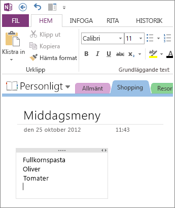 Klicka var som helst när du vill skriva anteckningar i OneNote.