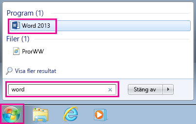 Sök efter Office-program i Windows 7