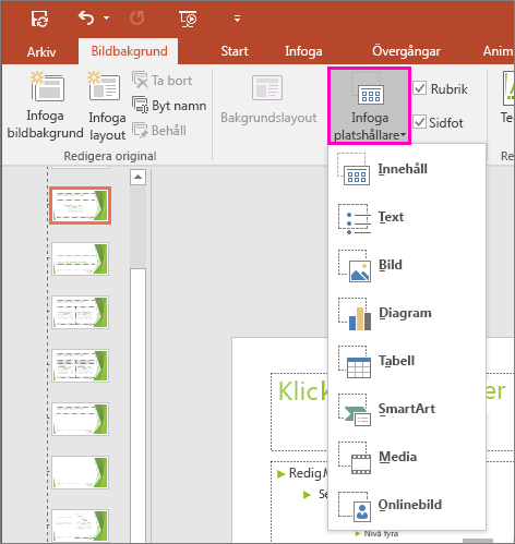 Visar knappen Infoga platshållare i bildbakgrundsvyn i PowerPoint
