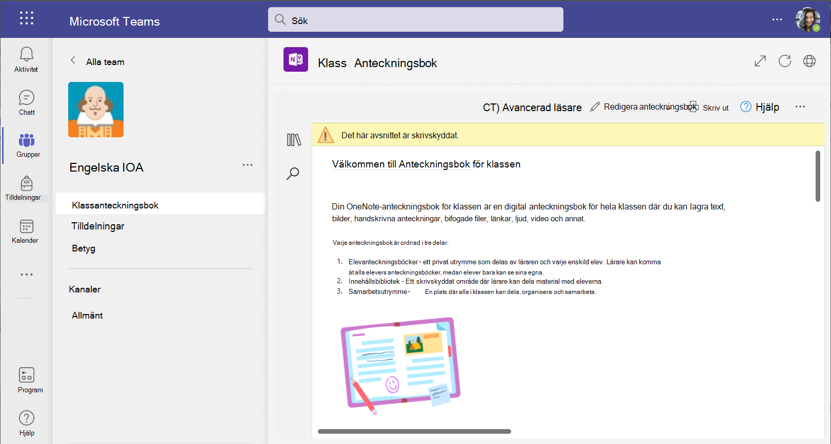 Skärmbild av Anteckningsbok för klassen i webbversionen av Teams.