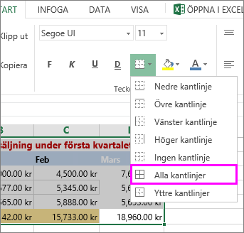 lägga till en kantlinje i en tabell eller ett dataområde