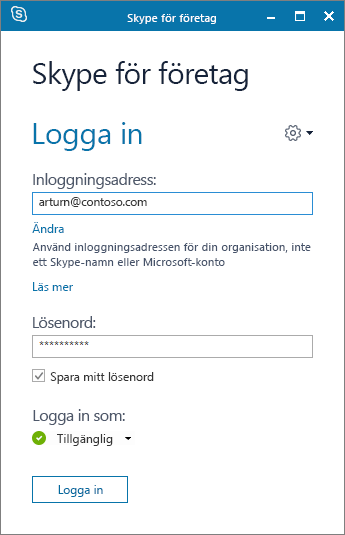 Skärmbild av inloggningsskärmen i Skype för företag.