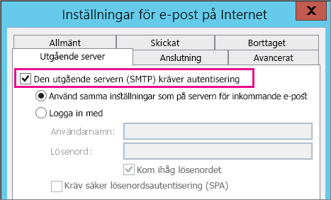 Välj Den utgående servern kräver autentisering.