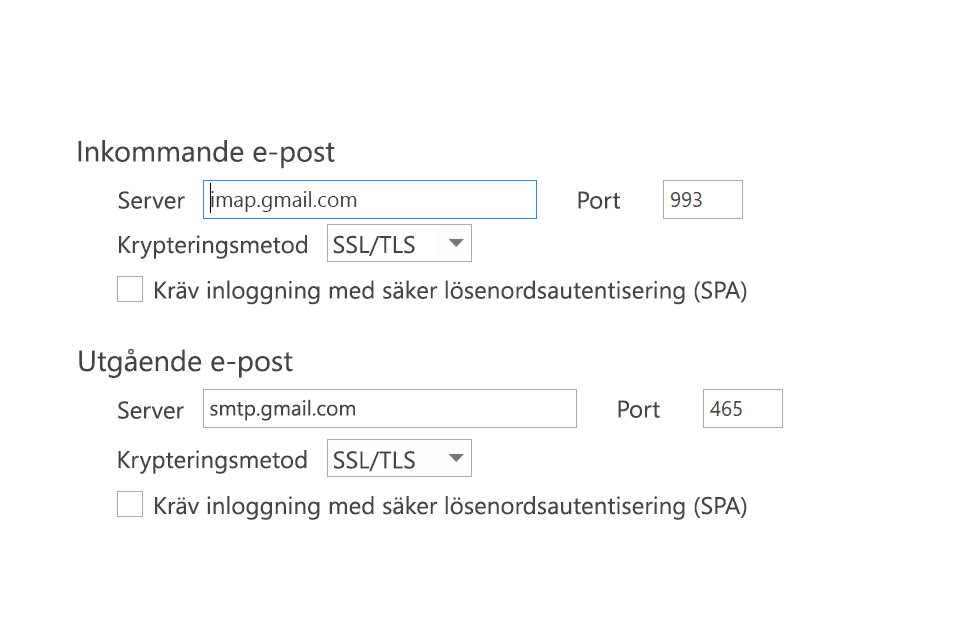 IMAP-inställningar, SPA avmarkerat