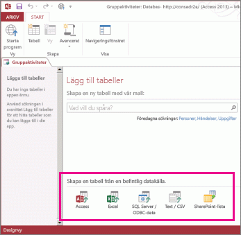 Alternativ för befintlig datakälla på sidan Lägg till Tabeller.