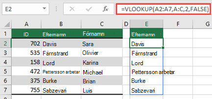 Använd =LETARAD(A2:A7,A:C,2,FALSKT) för att få tillbaka en dynamisk matris som inte resulterar i #SPILL! fel.