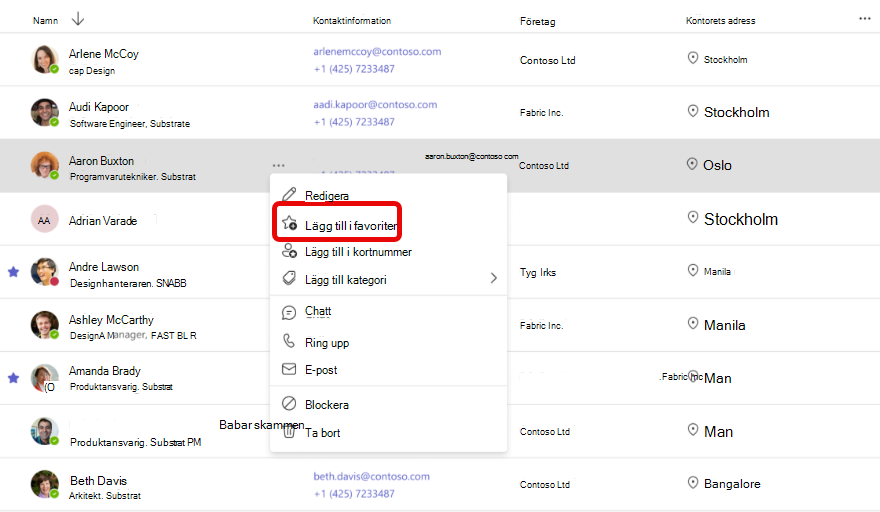 Skärmbild av att lägga till i favoriter i appen Kontakter i Teams