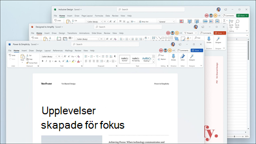 Word, Excel och PowerPoint visas med visuella uppdateringar i menyfliksområdet och rundade hörn för att matcha användargränssnittet i Windows 11.