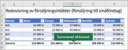 Excel-tabell med Summarad aktiverat