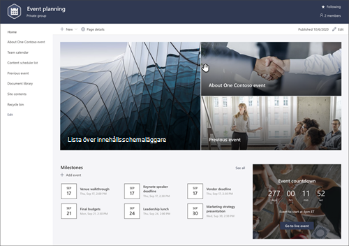 Skärmbild av sidförhandsgranskningen av sharePoint-webbplatsmallen för händelseplanering