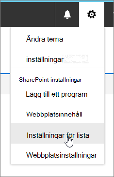 Menyn Inställningar med Listinställningar markerat