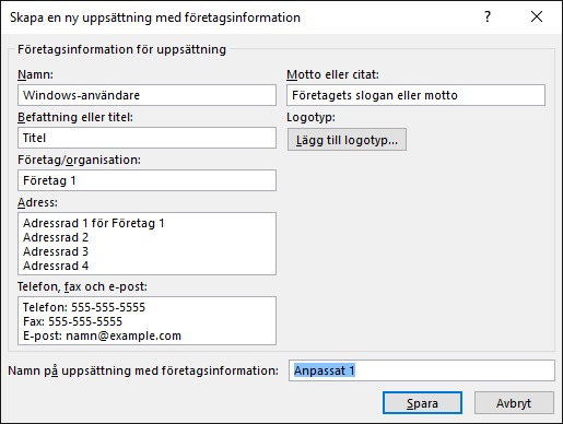 Skärmbild av dialogrutan Skapa en ny uppsättning med företagsinformation.