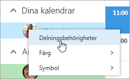 En skärmbild av snabbmenyn för Din kalender med delningsbehörigheter markerade.