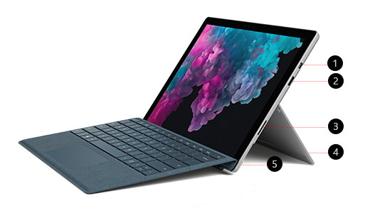 Bild på Surface Pro 6 vinklad till sidan med 5 funktioner som indikeras med siffra