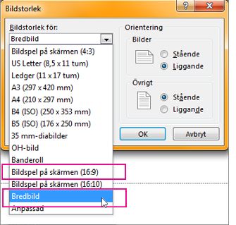 16:9: Bredbild eller på Visning på skärmen