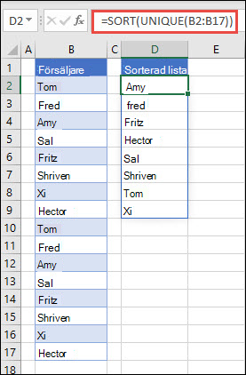 Använd UNIK med SORTERA för att returnera en lista över namn i stigande ordning