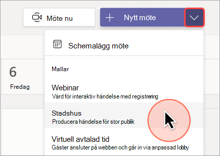 Skärmbild som visar hur du skapar ett nytt allmänt möte i Teams