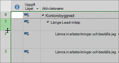 Skärmbild av vyn Gantt-schema med markör som hovrar över radavdelaren