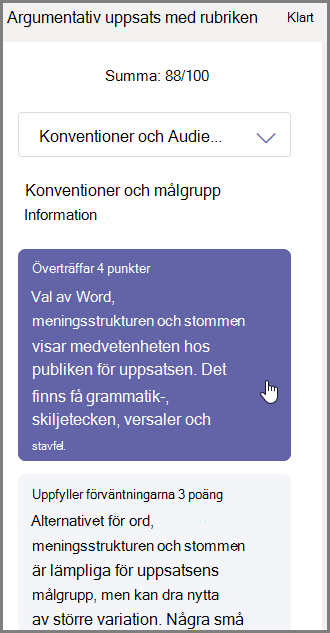 Välj den klass du vill tilldela dem för den valda sektionen och ge återkoppling längst ned