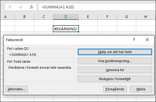 Dra dialogrutan Felkontroll till precis under formelfältet.